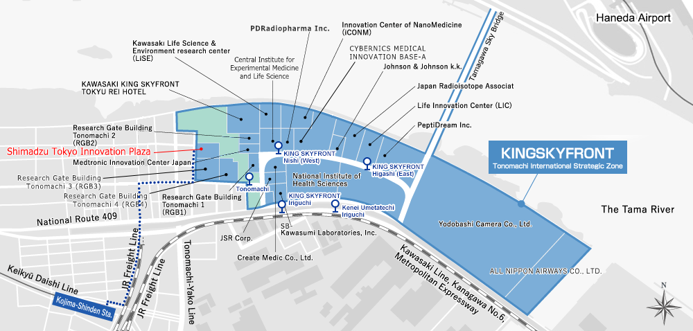 Map of the Tonomachi International Strategic Zone showing research centers, companies, and Shimadzu Tokyo Innovation Plaza